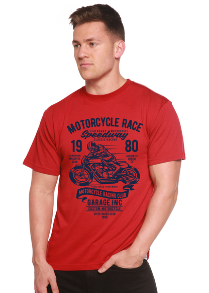 Motorcycle Race men's printed T-shirt red Spun Bamboo bamboo viscose/organic cotton graphic on Tampa Home & Garden Store