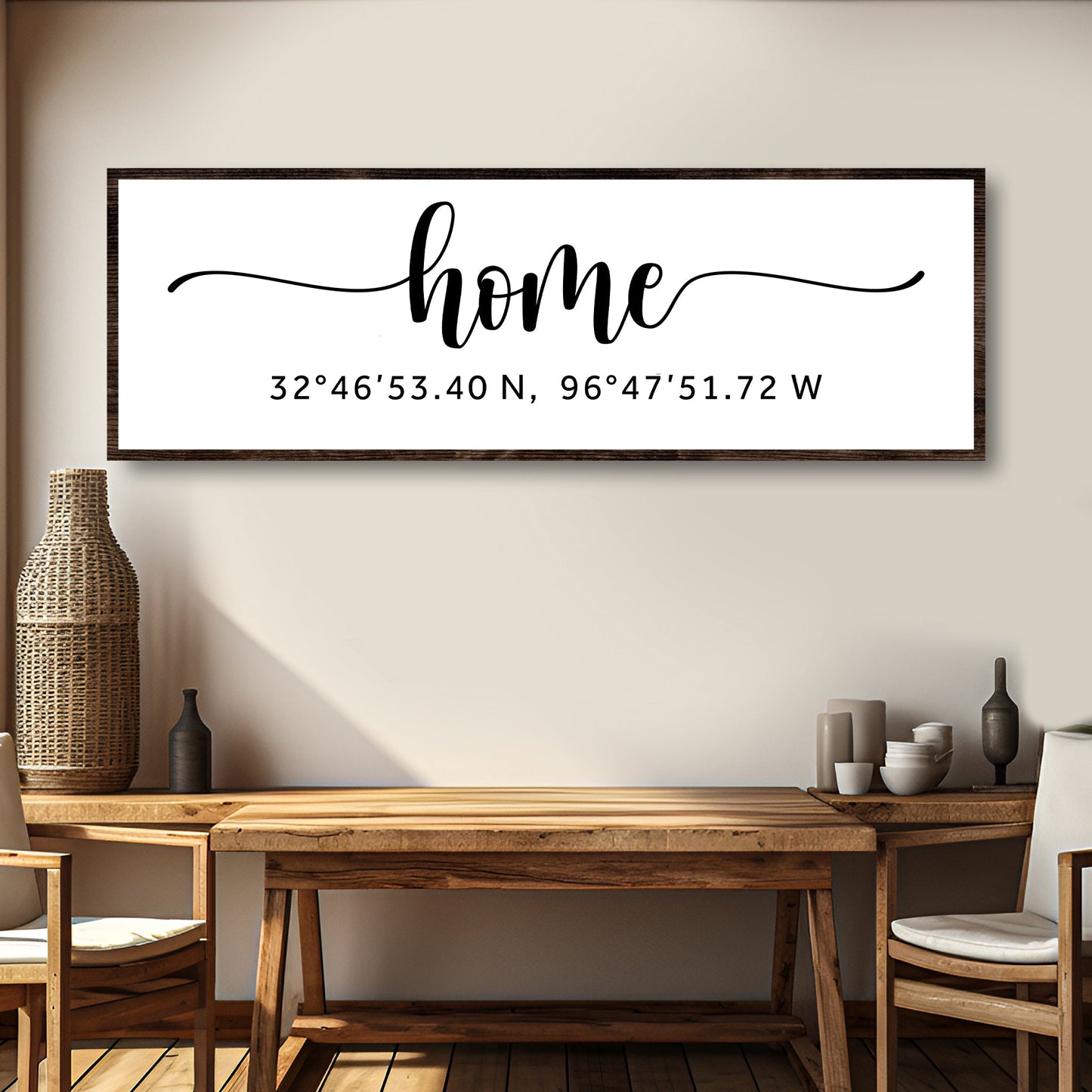 Family Home Coordinates Sign canvas with black script home and coordinates, dark wood frame on Tampa Home & Garden Store