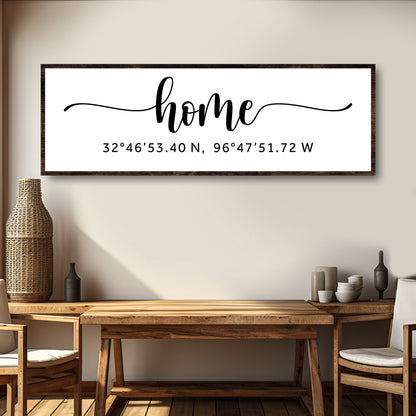 Family Home Coordinates Sign canvas with black script home and coordinates, dark wood frame on Tampa Home & Garden Store
