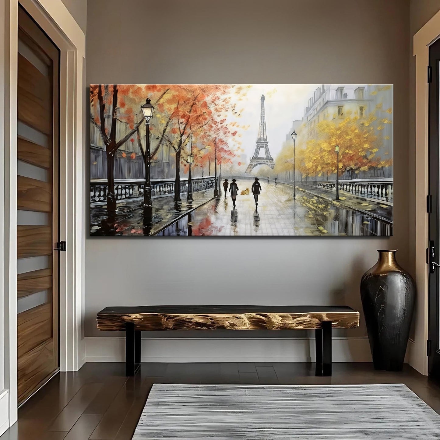 Parisian Rain Cityscape Canvas by Tailored Canvases with Eiffel Tower and lampposts in autumn on Tampa Home & Garden Store