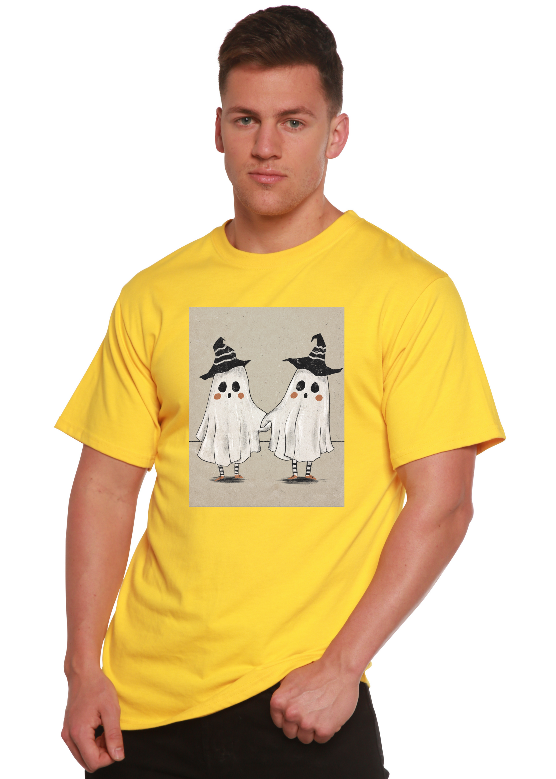 Cute Ghost men's short sleeve graphic tee in yellow with beige square ghost print Spun Bamboo on Tampa Home & Garden Store