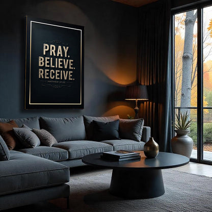 Canvas wall art Pray Believe Receive Matthew 21:22 framed in a dark living room display on Tampa Home & Garden Store