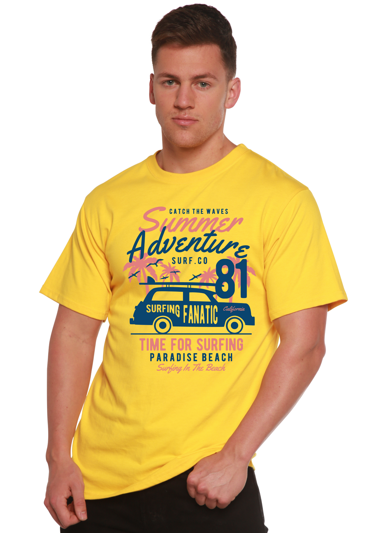 Sammer Adventure Spun Bamboo men's short sleeve graphic tee yellow with surfing palm tree print on Tampa Home & Garden Store