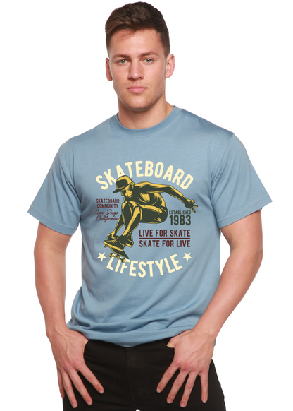 Skateboard Lifestyle Graphic T-Shirt, men's short sleeve, bamboo viscose/organic cotton, light blue on Tampa Home & Garden Store