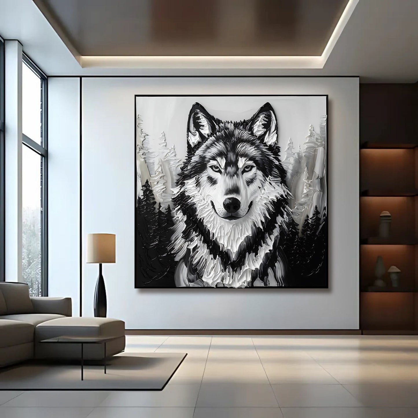 3D Wolf Wall Art IV canvas by Tailored Canvases in grayscale with black frame on Tampa Home & Garden Store