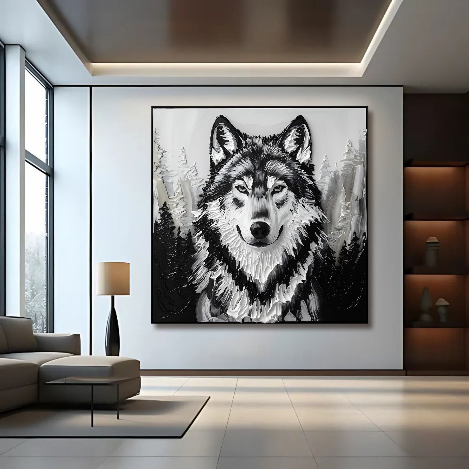 3D Wolf Wall Art IV canvas by Tailored Canvases in grayscale with black frame on Tampa Home & Garden Store