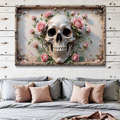 3D Rose and Skull Wall Art canvas with pink roses and ornate carved frame on Tampa Home & Garden Store