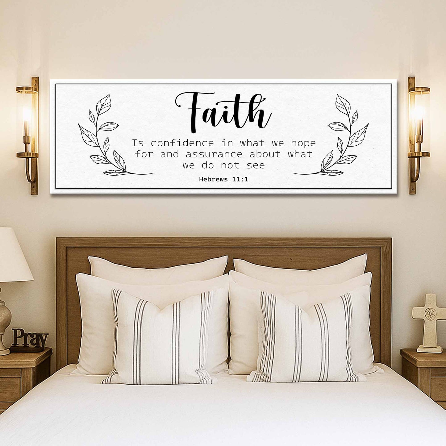 Faith Is Confidence canvas sign with Hebrews 11:1 verse and minimalist leaf border on Tampa Home & Garden Store