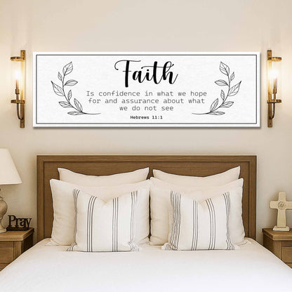 Faith Is Confidence canvas sign with Hebrews 11:1 verse and minimalist leaf border on Tampa Home & Garden Store