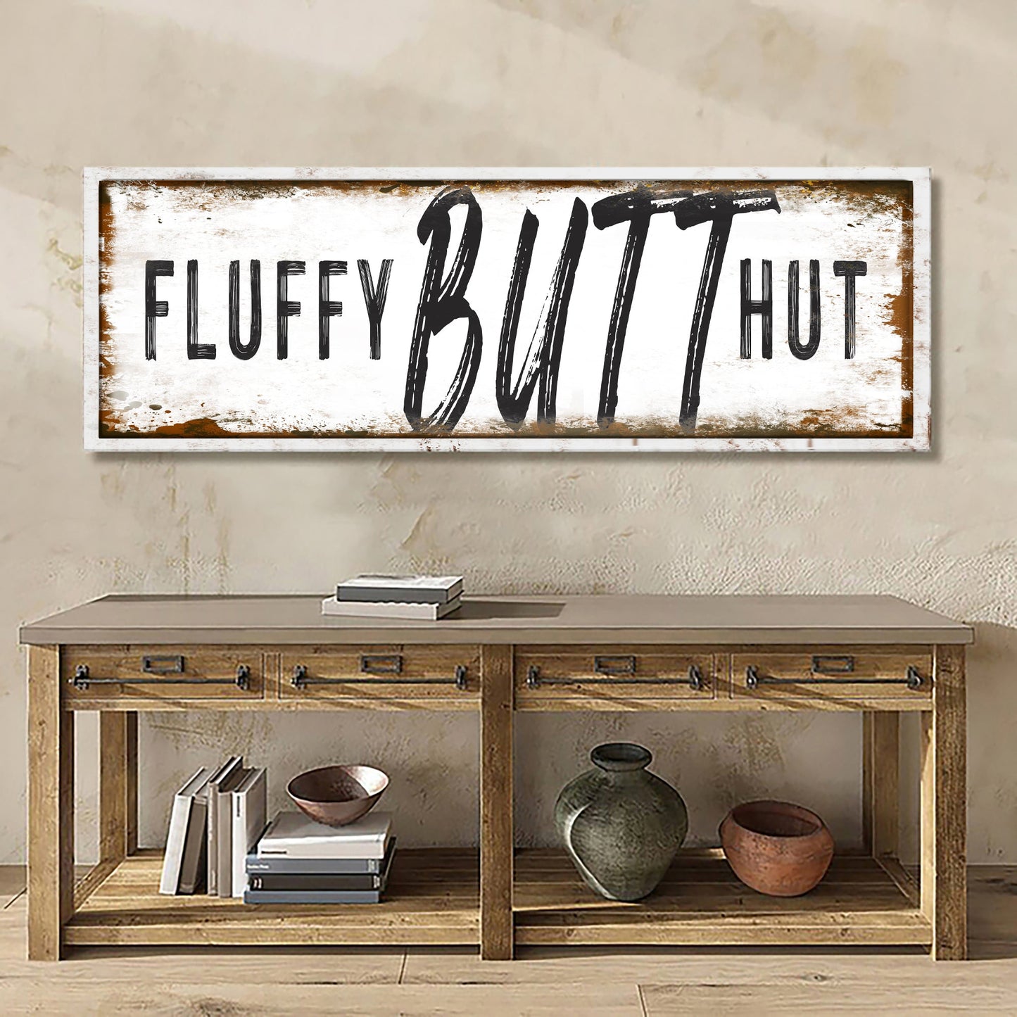Canvas sign reads Fluffy Butt Hut, distressed farmhouse chicken coop decor with white frame on Tampa Home & Garden Store