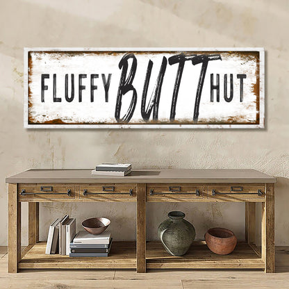 Canvas sign reads Fluffy Butt Hut, distressed farmhouse chicken coop decor with white frame on Tampa Home & Garden Store
