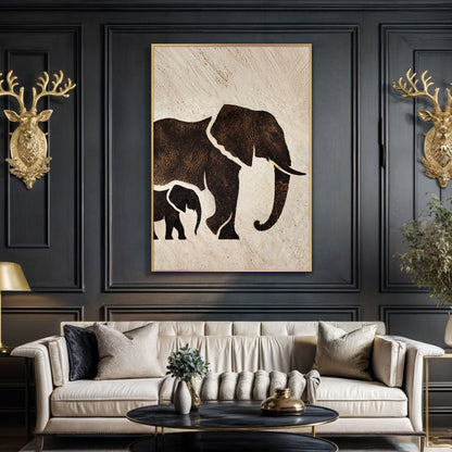 Elephant Heritage Wall Art Canvas: beige background with black elephant silhouettes, gold frame on Tampa Home & Garden Store