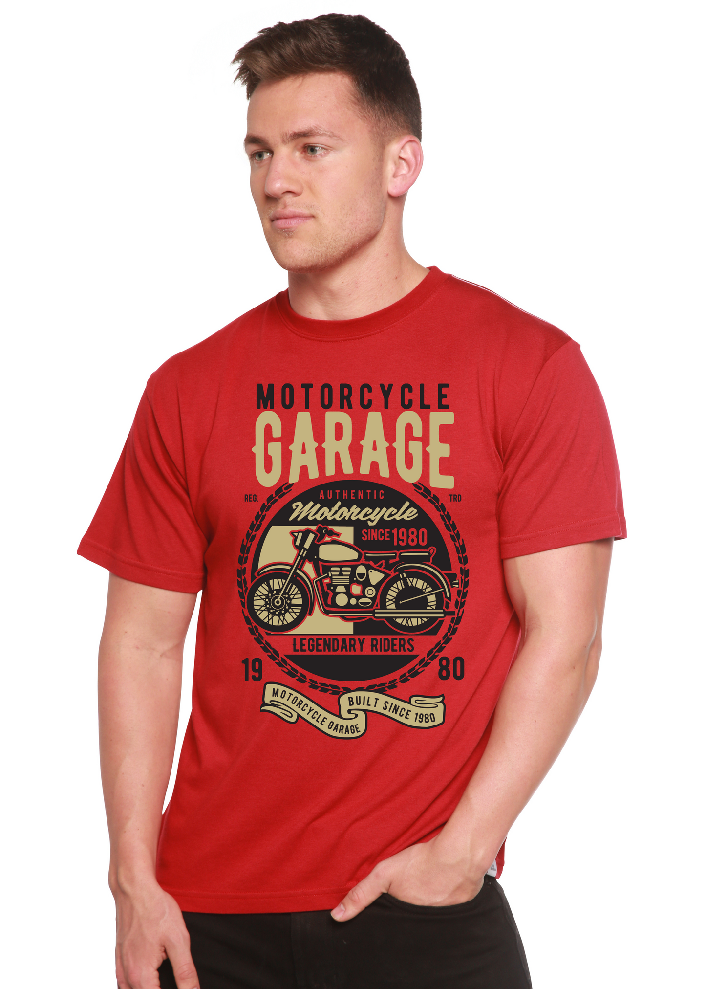 Motorcycle Garage red graphic tee in bamboo viscose/organic cotton blend by Spun Bamboo on Tampa Home & Garden Store