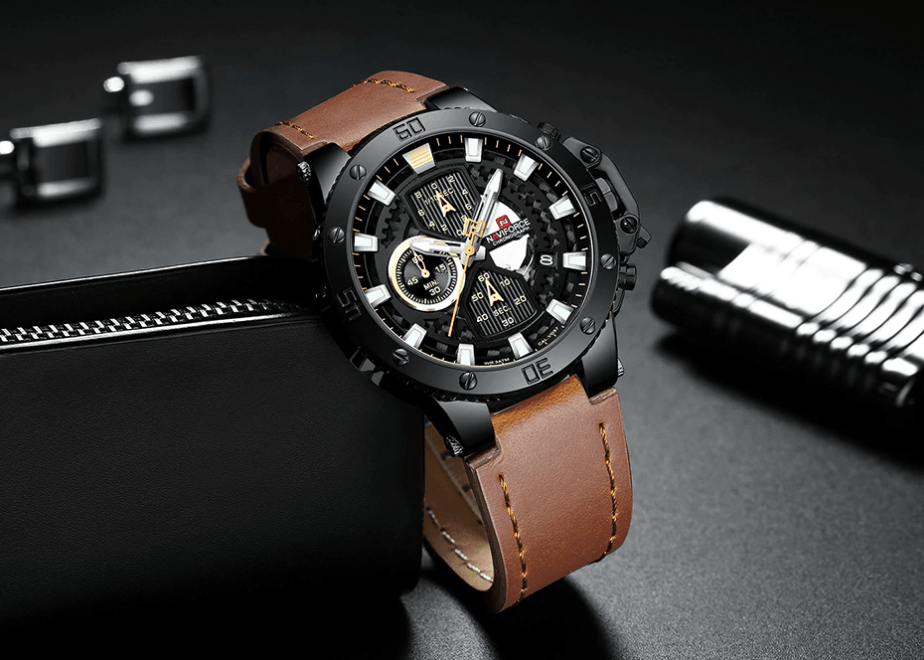 Stevvex ST1N600MK watch with black dial, chronograph, luminous hands, brown leather strap on Tampa Home & Garden Store