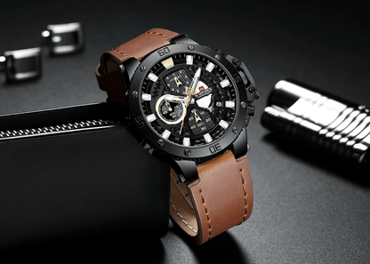 Stevvex ST1N600MK watch with black dial, chronograph, luminous hands, brown leather strap on Tampa Home & Garden Store