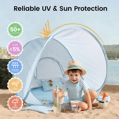 Tiny Land One-Stop Beach Toy & Tent Set pop-up beach tent in blue gingham with a child playing on the sand on Tampa Home & Garden Store