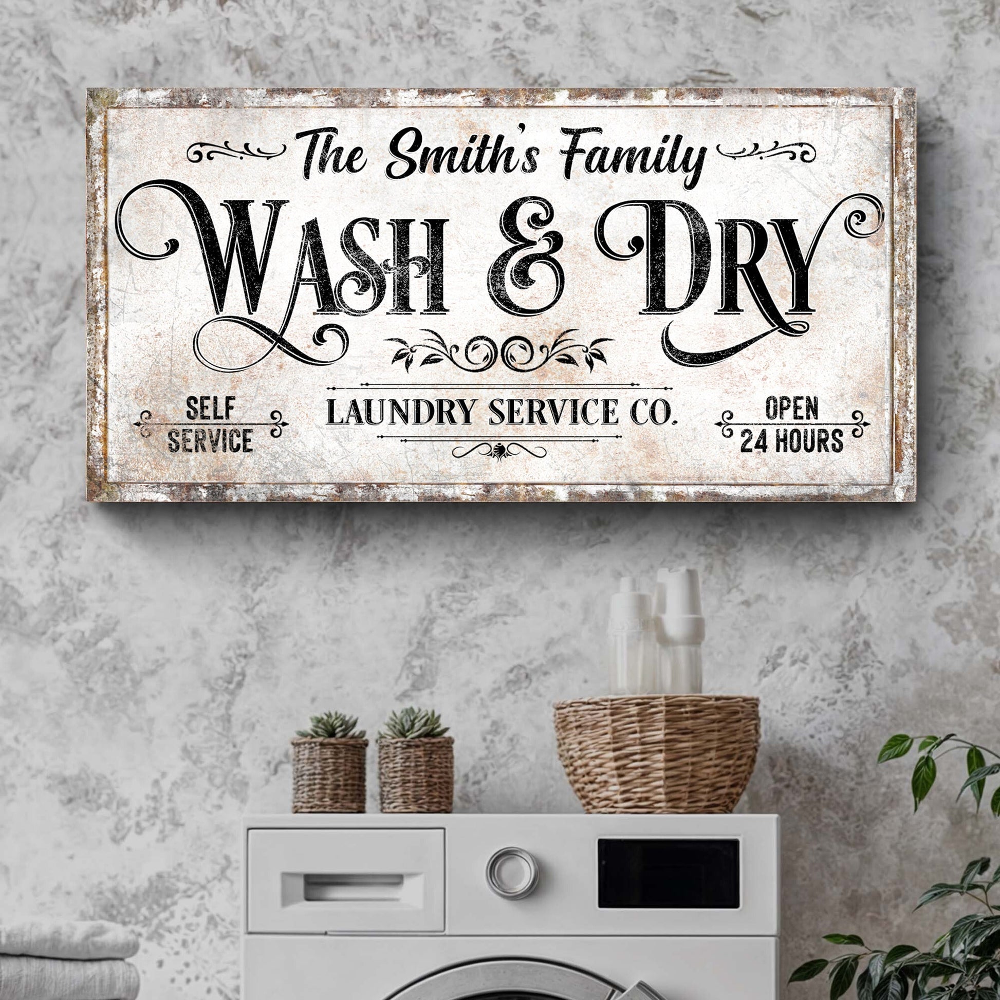Personalised laundry service sign canvas with The Smith's Family WASH & DRY in bold black text on Tampa Home & Garden Store