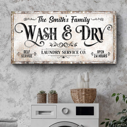Personalised laundry service sign canvas with The Smith's Family WASH & DRY in bold black text on Tampa Home & Garden Store
