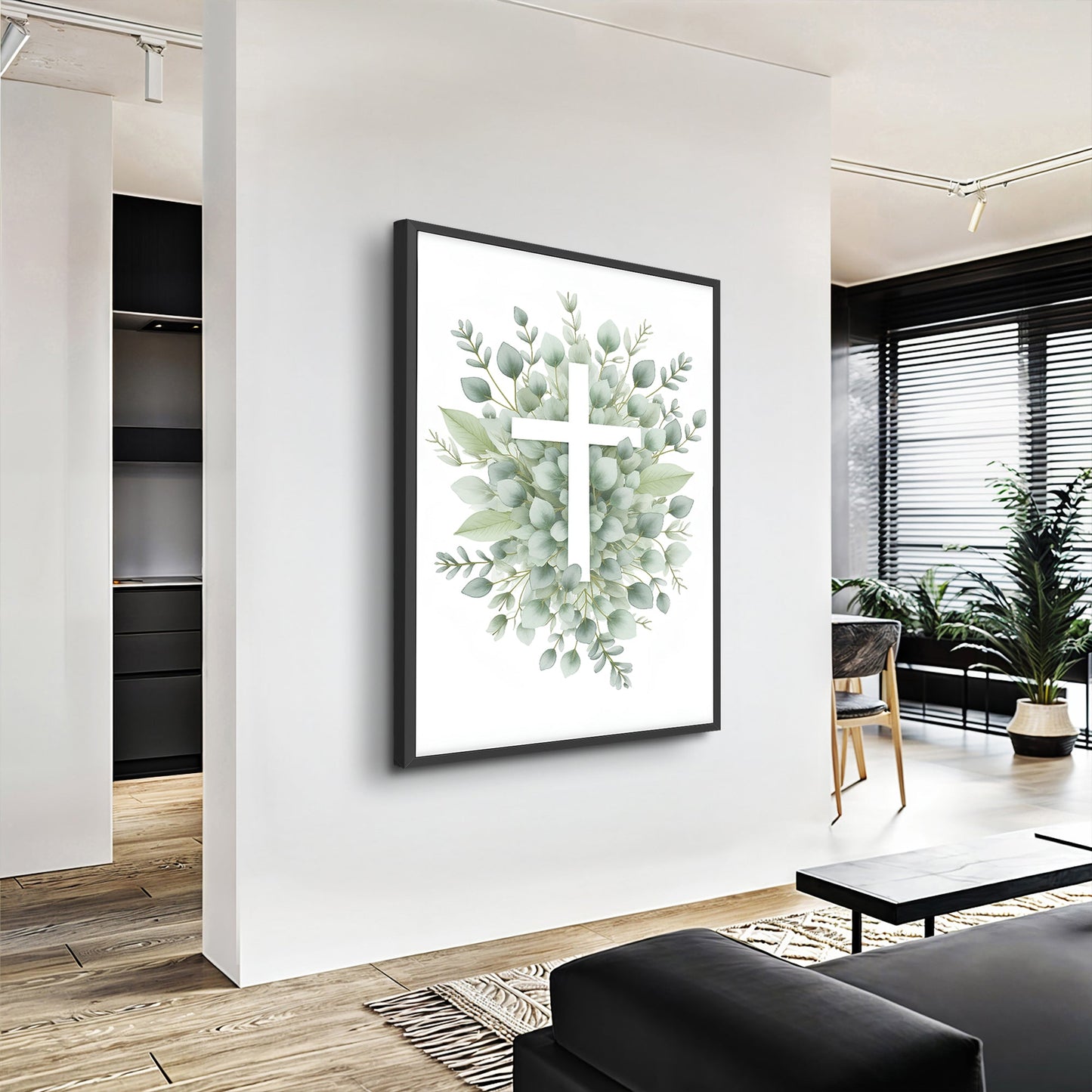 Minimalist Cross Faith Wall Art canvas by Tailored Canvases with leafy cross in dark frame on Tampa Home & Garden Store