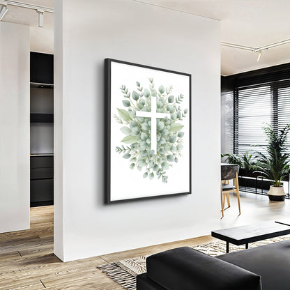 Minimalist Cross Faith Wall Art canvas by Tailored Canvases with leafy cross in dark frame on Tampa Home & Garden Store