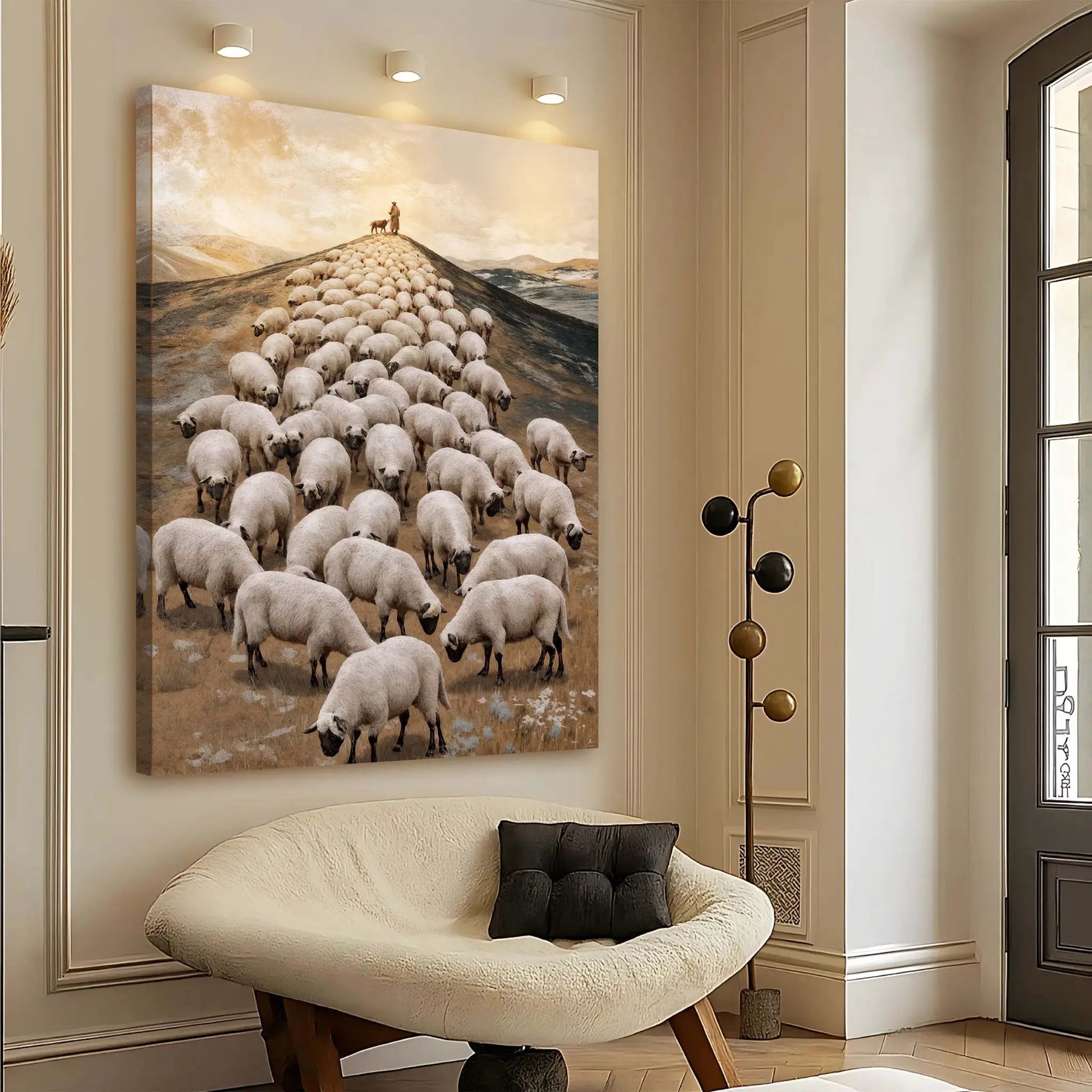 Parable Of The Lost Sheep Faith Wall Art II canvas shows shepherd with flock on sunlit hillside on Tampa Home & Garden Store
