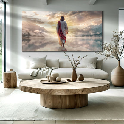 Reflections Faith Wall Art II canvas by Tailored Canvases; robed figure walking toward sunrise on Tampa Home & Garden Store
