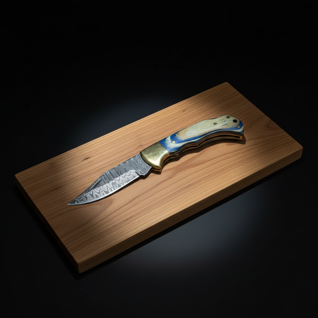 Ocean Wave Damascus Folding Knife TF-100 by Titan K with blue-cream layered handle on Tampa Home & Garden Store