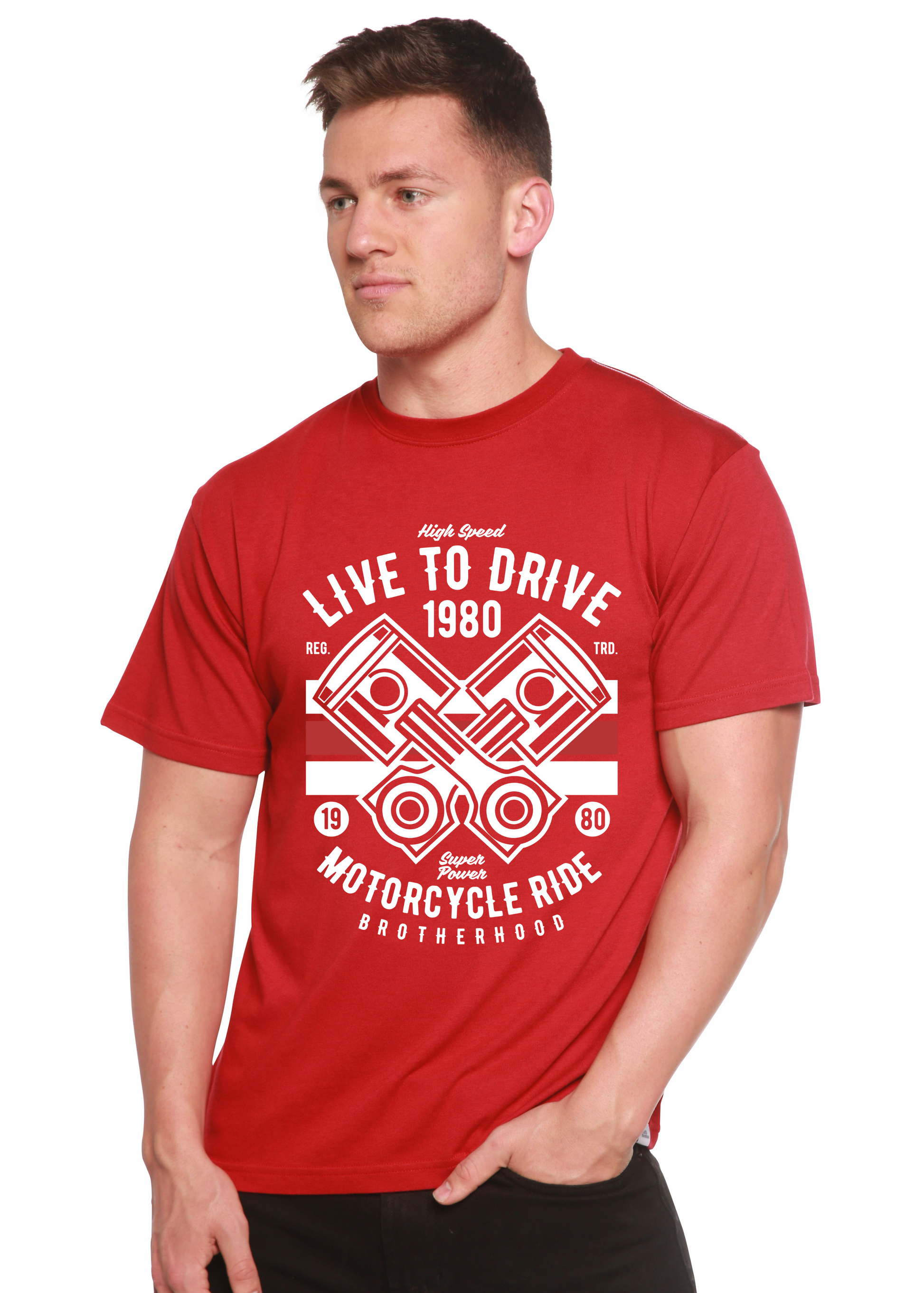 Live To Drive 1980 red men's Tshirt graphic bamboo viscose/organic cotton Spun Bamboo on Tampa Home & Garden Store