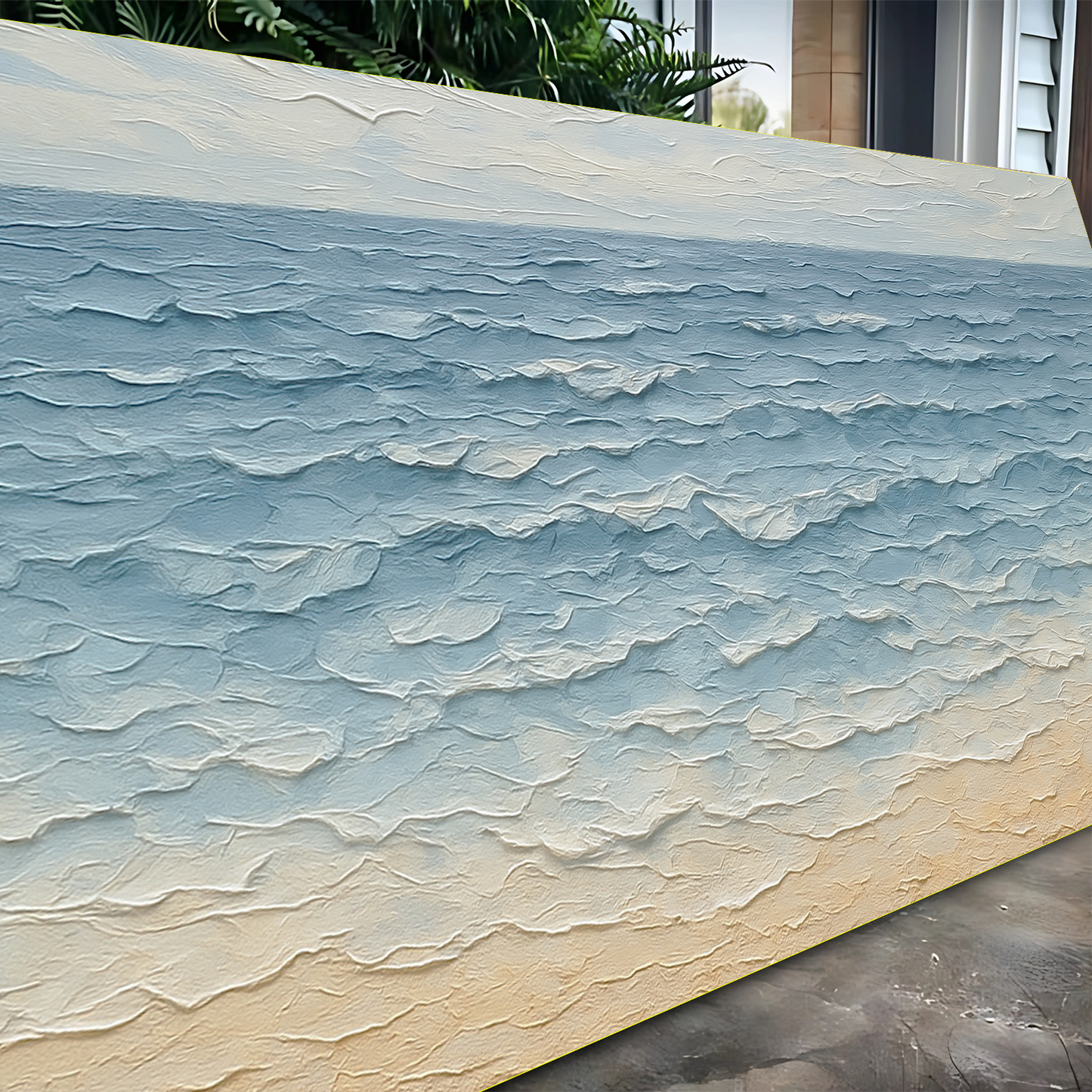 Serene Ocean Wave VI canvas with textured blue waves and beige shore by Tailored Canvases on Tampa Home & Garden Store
