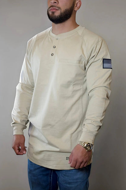 FR 3-Button Henley Shirt tan by Static FR long-sleeve with American flag patch on sleeve on Tampa Home & Garden Store