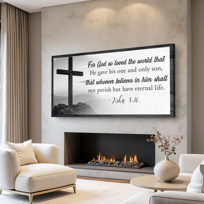 Tailored Canvases John 3:16 faith sign canvas with black frame and mountain landscape on Tampa Home & Garden Store