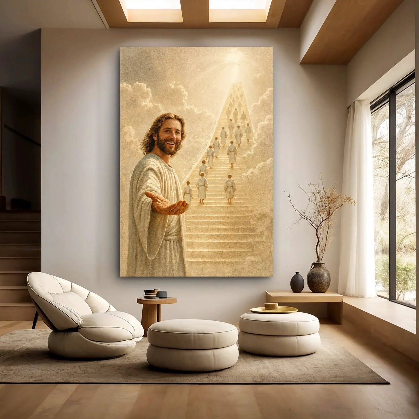 Stairway To Heaven Faith Wall Art canvas by Tailored Canvases in beige ascending stairway on Tampa Home & Garden Store