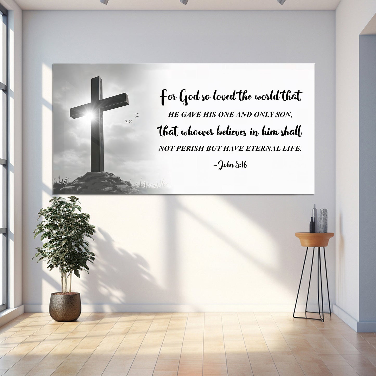 John 3:16 faith sign VI canvas by Tailored Canvases with left grayscale cross on wall on Tampa Home & Garden Store