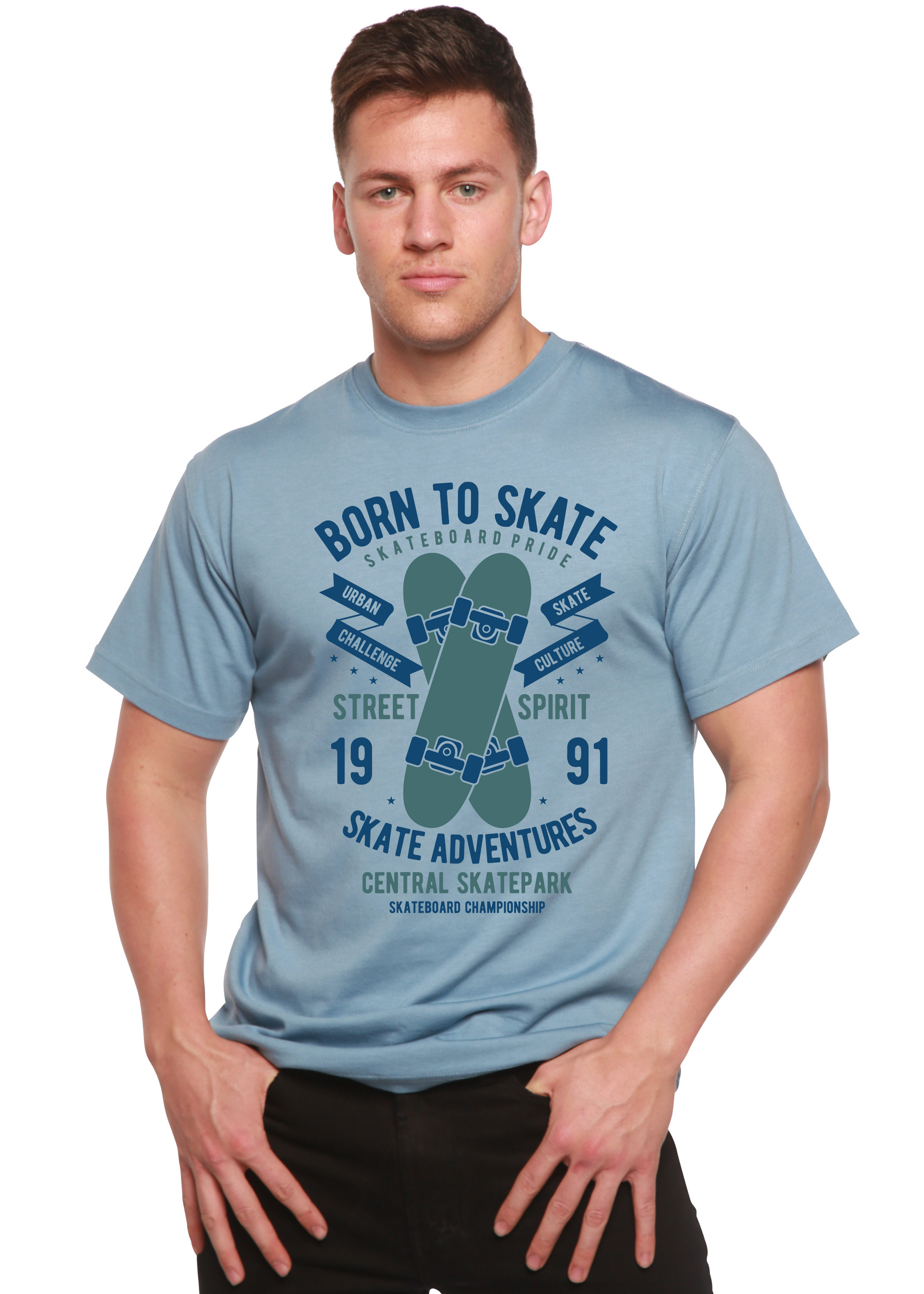 Born To Skate men's bamboo viscose/organic cotton short sleeve T-shirt with skateboard graphic in blue on Tampa Home & Garden Store