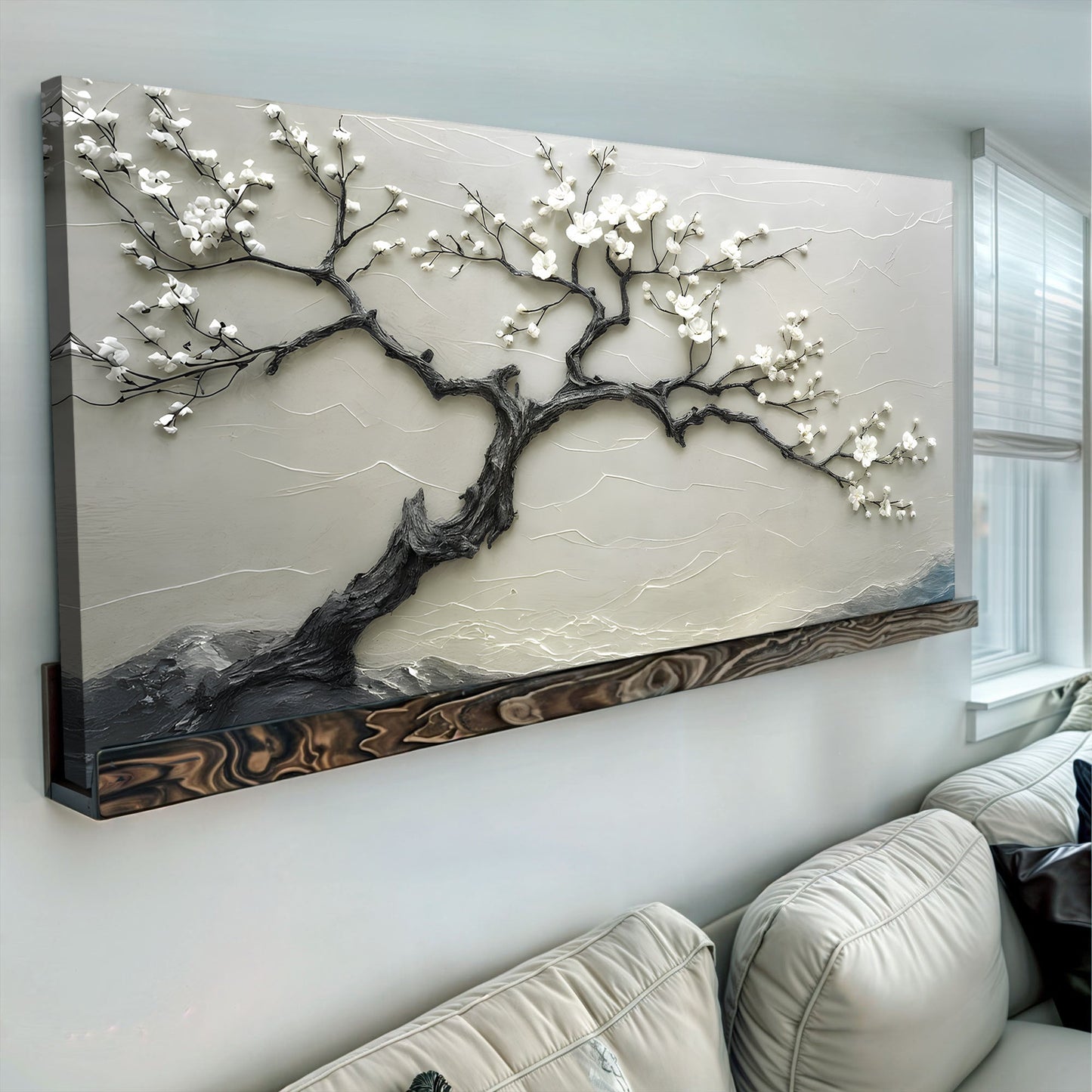 Silent Blossom Wall Art crafting canvas with white blossoms on gray panel, dark wood base on Tampa Home & Garden Store