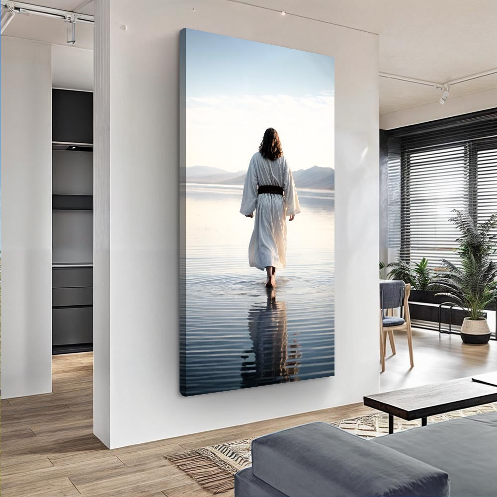 Reflections Faith Wall Art VII canvas vertical, white-robed woman walking on water on Tampa Home & Garden Store