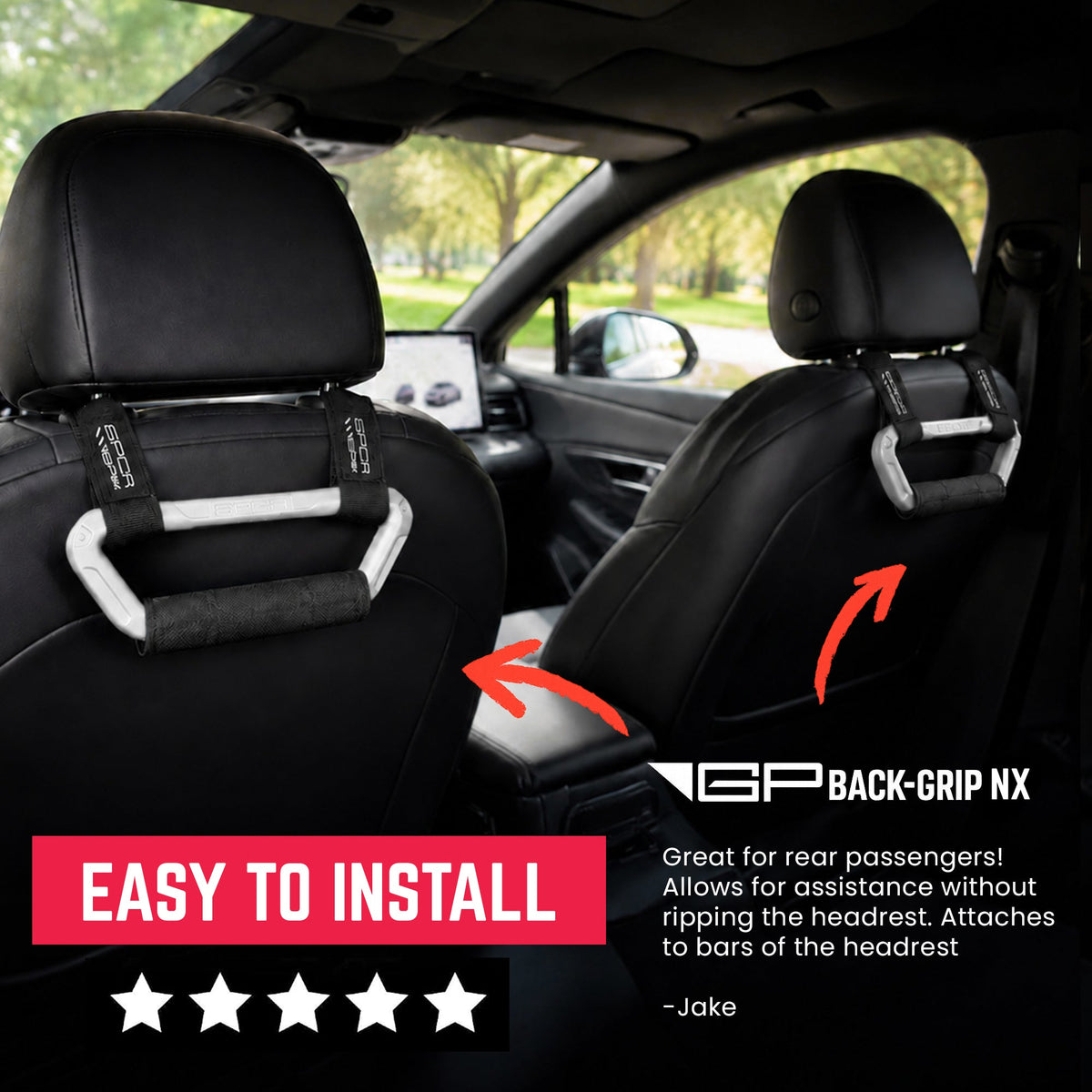 GP Back Grip PRO rear headrest handles, pair with white and black straps for cars GPCA branding on Tampa Home & Garden Store