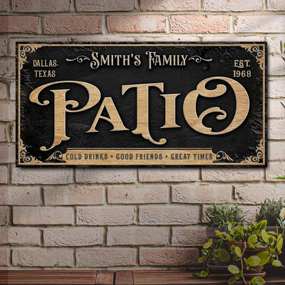 Personalized Patio Sign II canvas with black background and gold lettering Tailored Canvases on Tampa Home & Garden Store