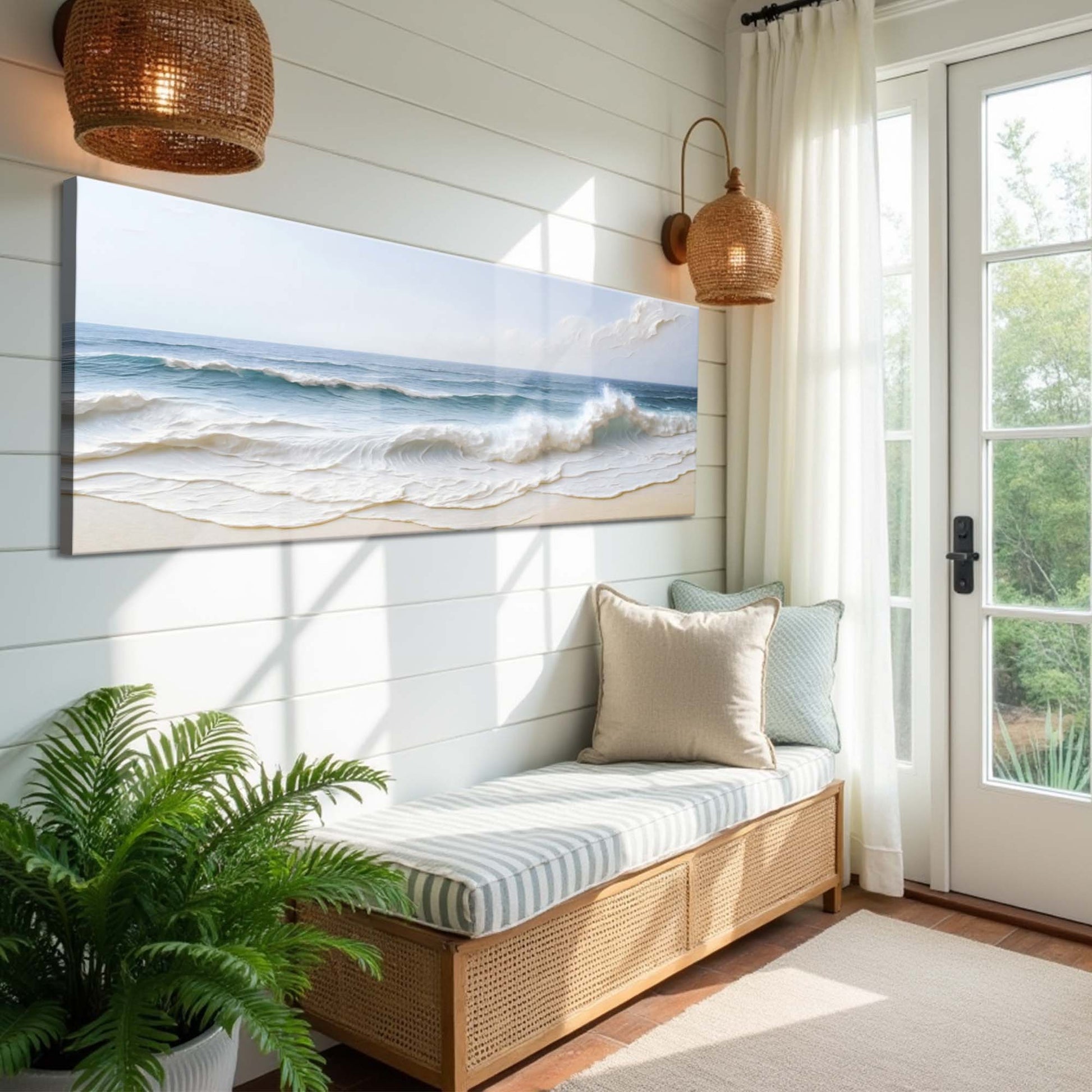 Ocean Wave Seascape Wall Art Canvas by Tailored Canvases on shiplap wall on Tampa Home & Garden Store