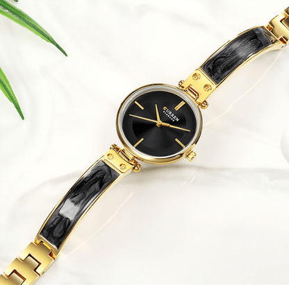 Womens Elegant Stainless Steel Watch With Ceramic Marble Bracelet, gold case, black dial on Tampa Home & Garden Store