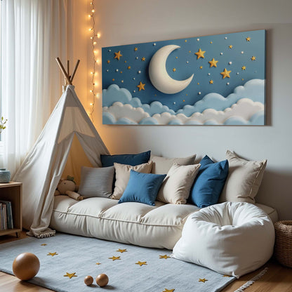 Celestial Serenade Wall Art canvas with blue night sky crescent moon and gold stars above clouds on Tampa Home & Garden Store
