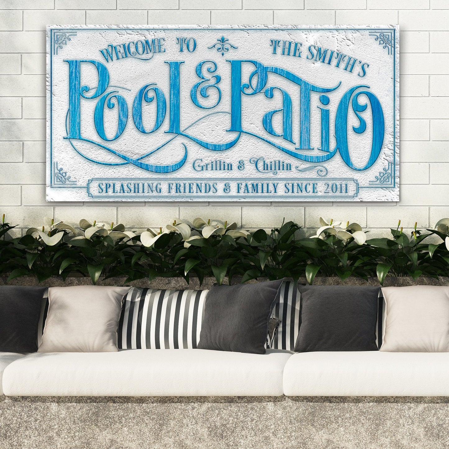 Personalized pool sign canvas with blue text on textured white backdrop by Tailored Canvases on Tampa Home & Garden Store