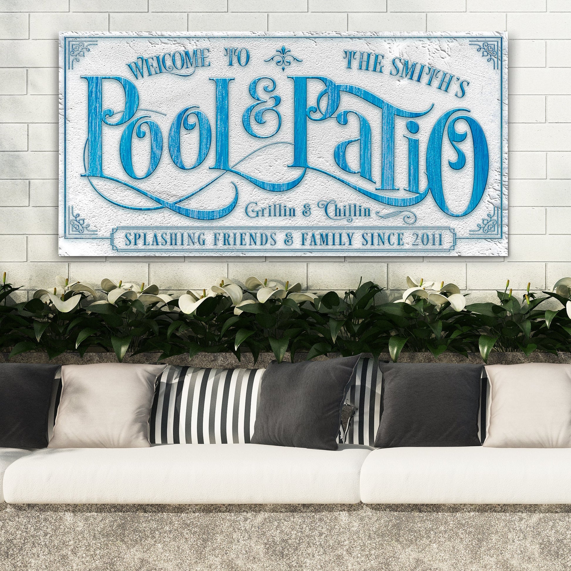 Personalized pool sign canvas with blue text on textured white backdrop by Tailored Canvases on Tampa Home & Garden Store