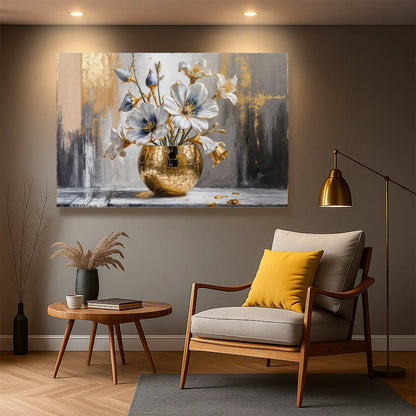 Magnolia Bloom in Gold Art canvas by Tailored Canvases featuring white flowers in a gold vase on Tampa Home & Garden Store