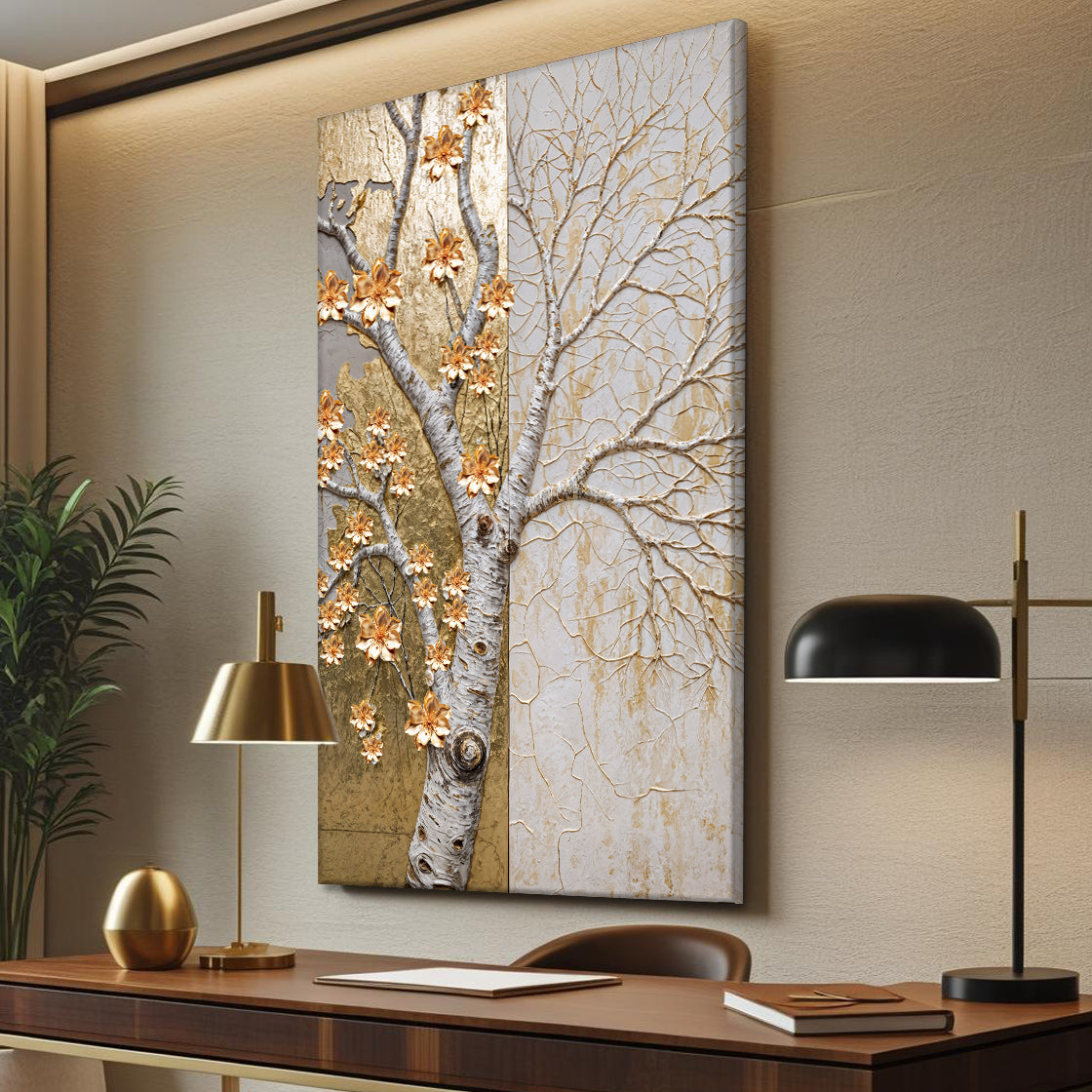 Ivory Seasons Wall Art canvas triptych gold ivory panels textured blossoms Tailored Canvases on Tampa Home & Garden Store