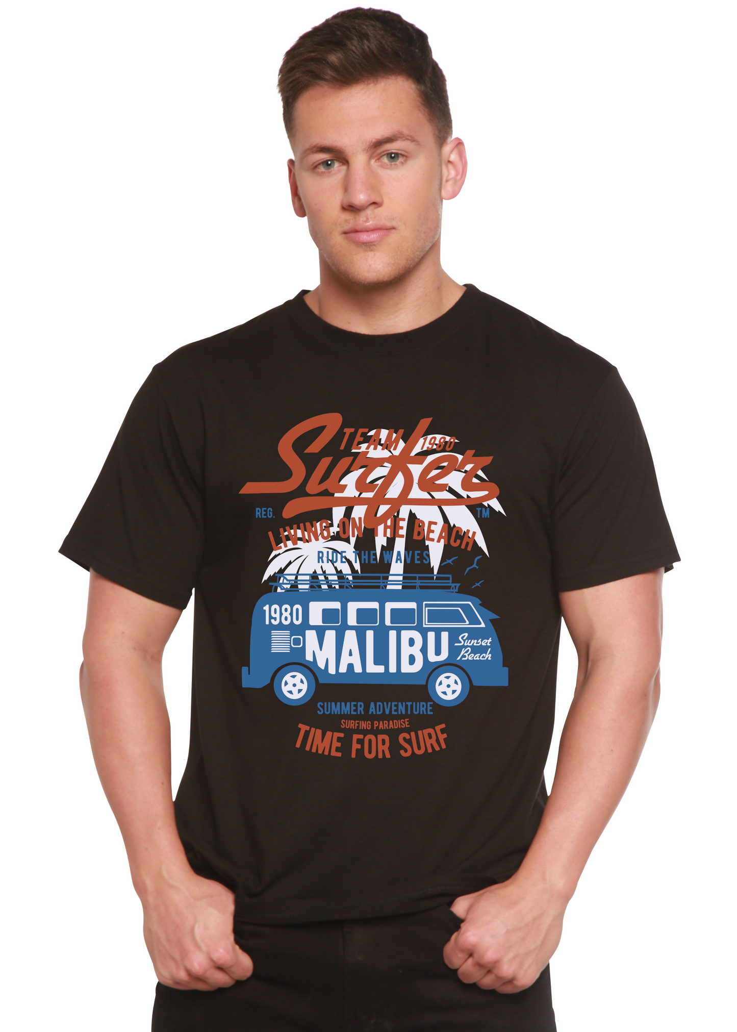 Spun Bamboo Team Surfer men's short sleeve graphic tee in black with blue van artwork on Tampa Home & Garden Store