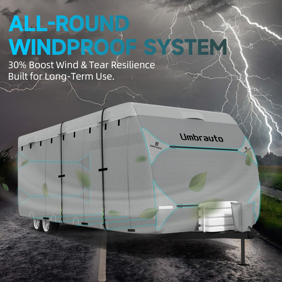 Umbrauto RV travel trailer cover with windproof system, extra ropes, tongue jack cover on Tampa Home & Garden Store