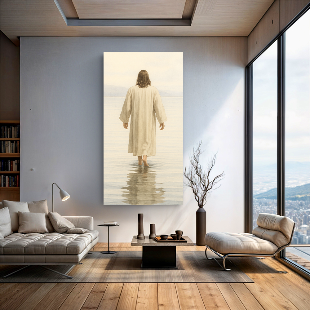 Reflections Faith Wall Art VIII canvas in beige tones, serene figure walking into water on Tampa Home & Garden Store