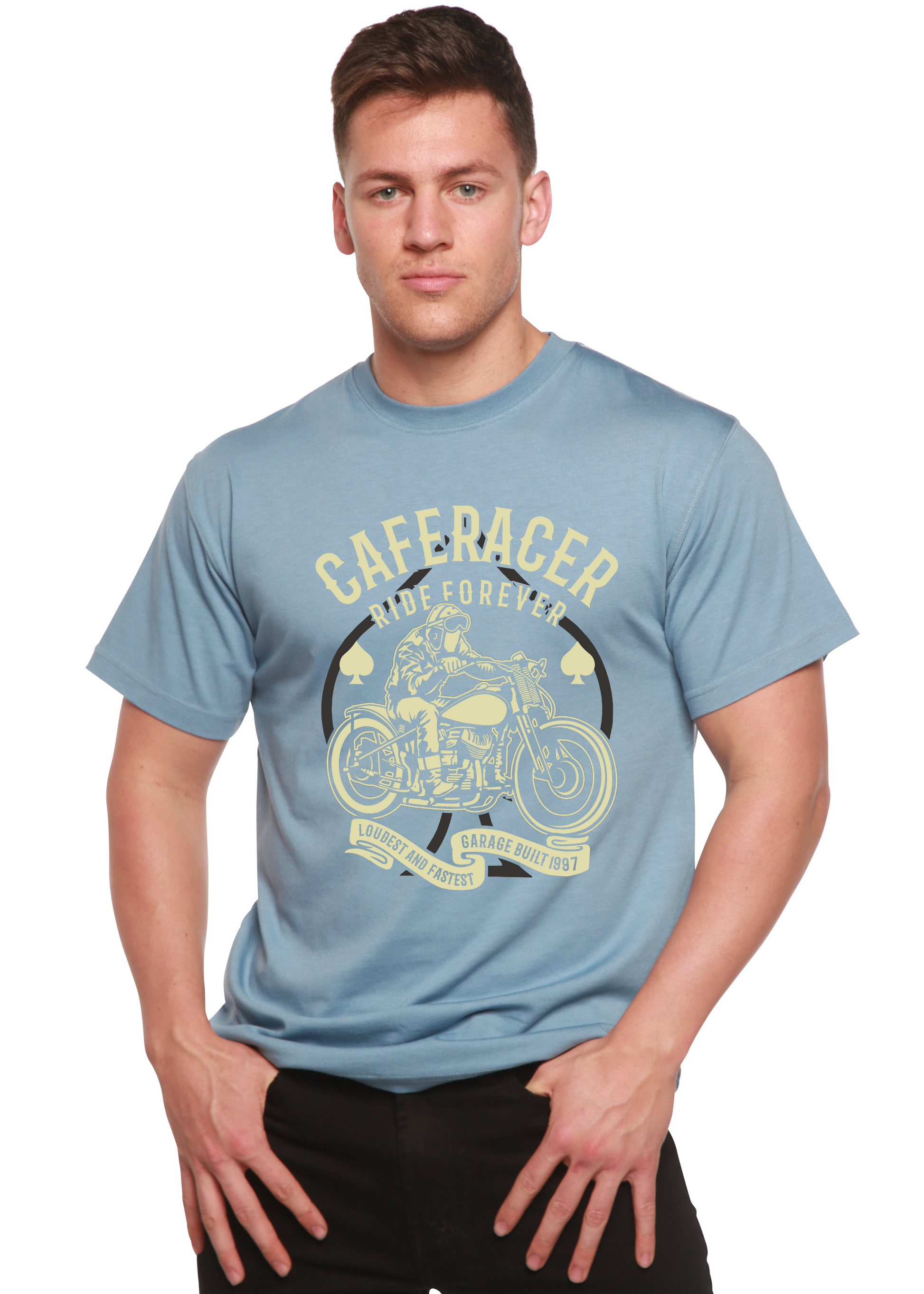 Caferacer Ride Forever men's Spun Bamboo bamboo tee, light blue, graphic motorcycle print on Tampa Home & Garden Store
