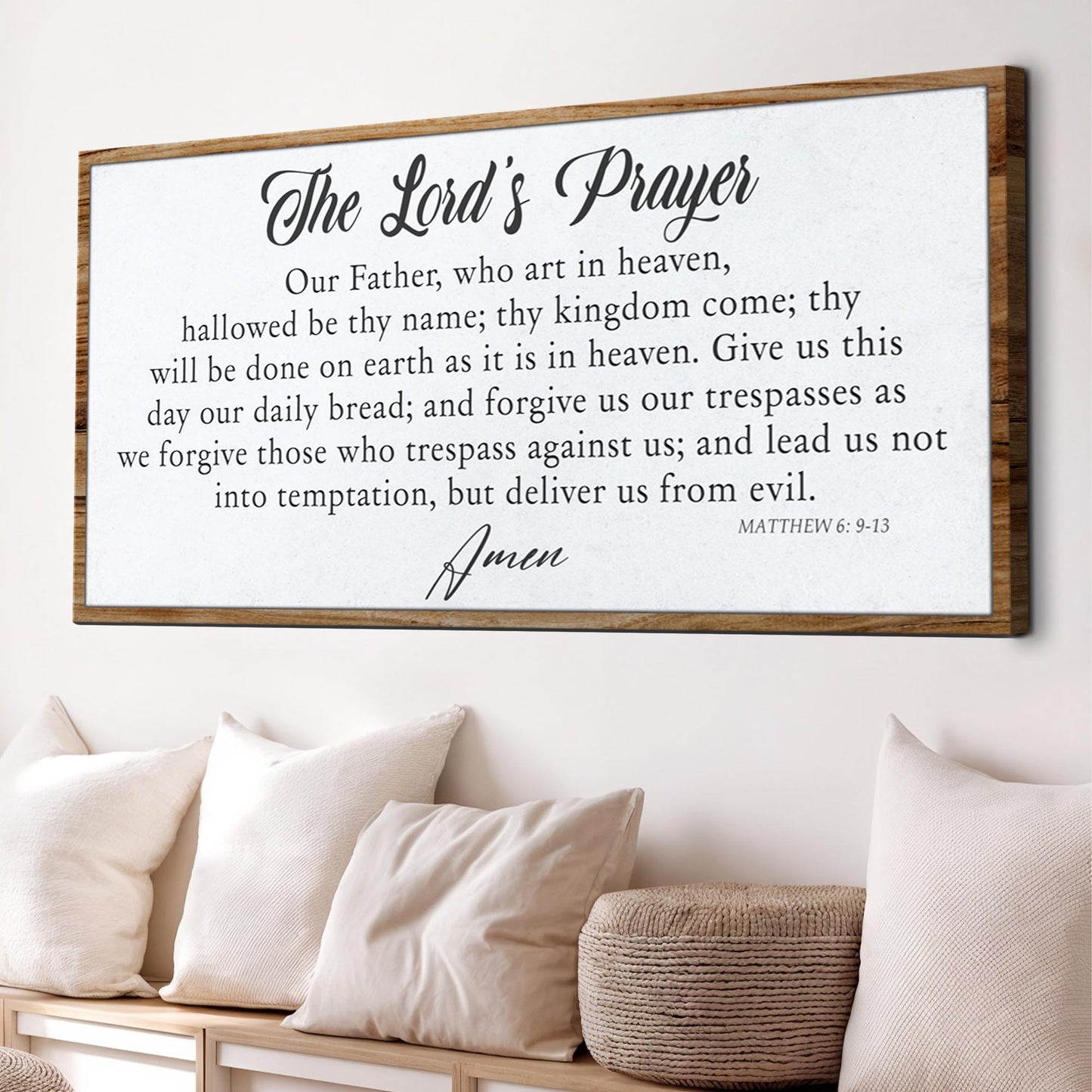 The Lord's Prayer Faith Sign II canvas with black script on white backdrop on Tampa Home & Garden Store